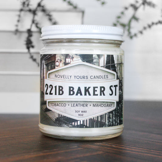 221B Baker St, front view. Bookish candle with a view of Holmes' London townhome on the label