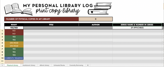 Personal Home Library Log spreadsheet