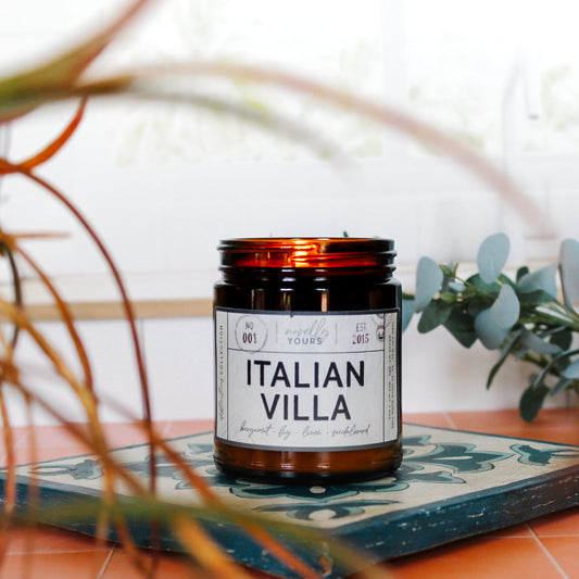 Italian villa scented soy wax candle in glass amber jar with black lid by novelly yours