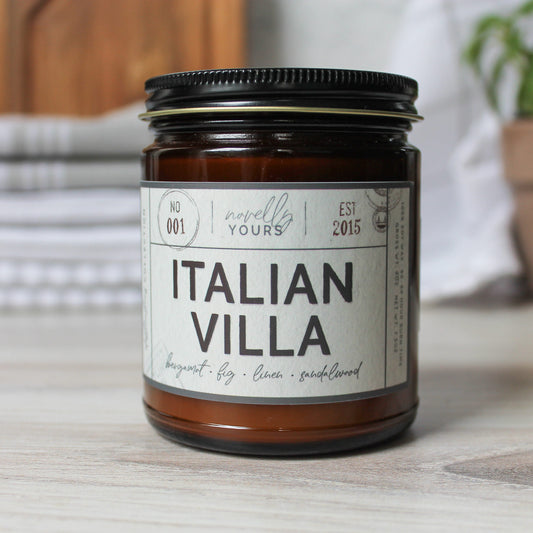 Italian villa scented soy wax candle in glass amber jar with black lid by novelly yours