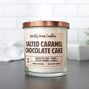 Salted Caramel Chocolate Cake scented soy wax candle in glass tumbler with bronze lid