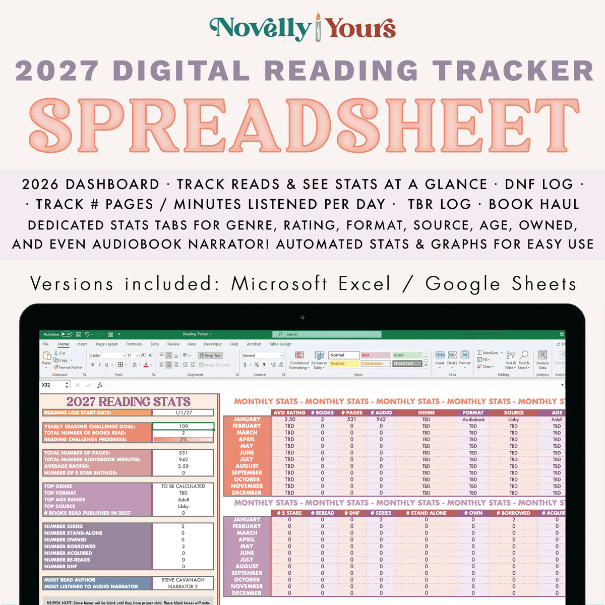 2027 Digital Reading Tracker Spreadsheet