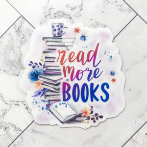 watercolor design with stack of books and text 