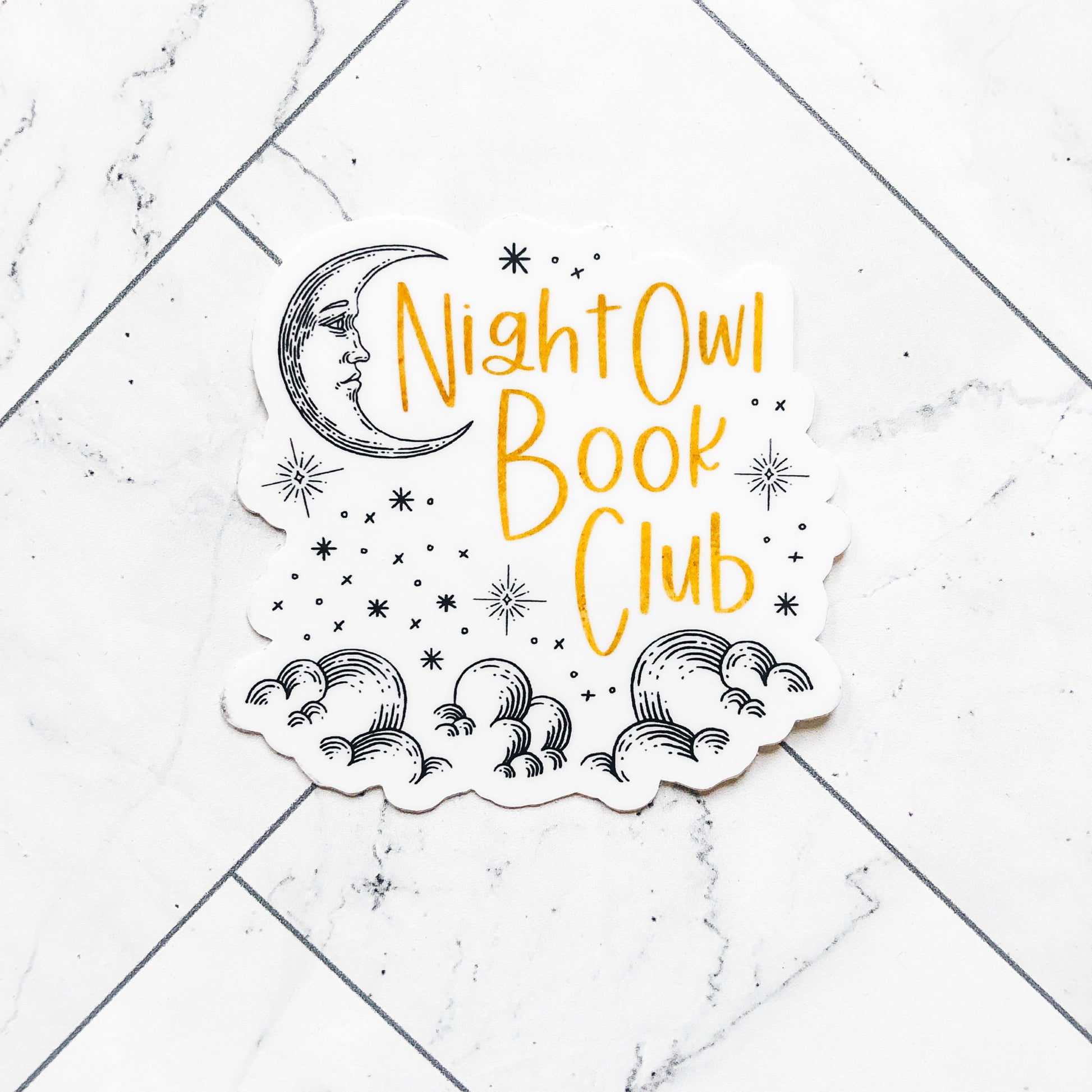 sticker featuring moon, stars, and clouds in black outlines with gold text reading night owl book club