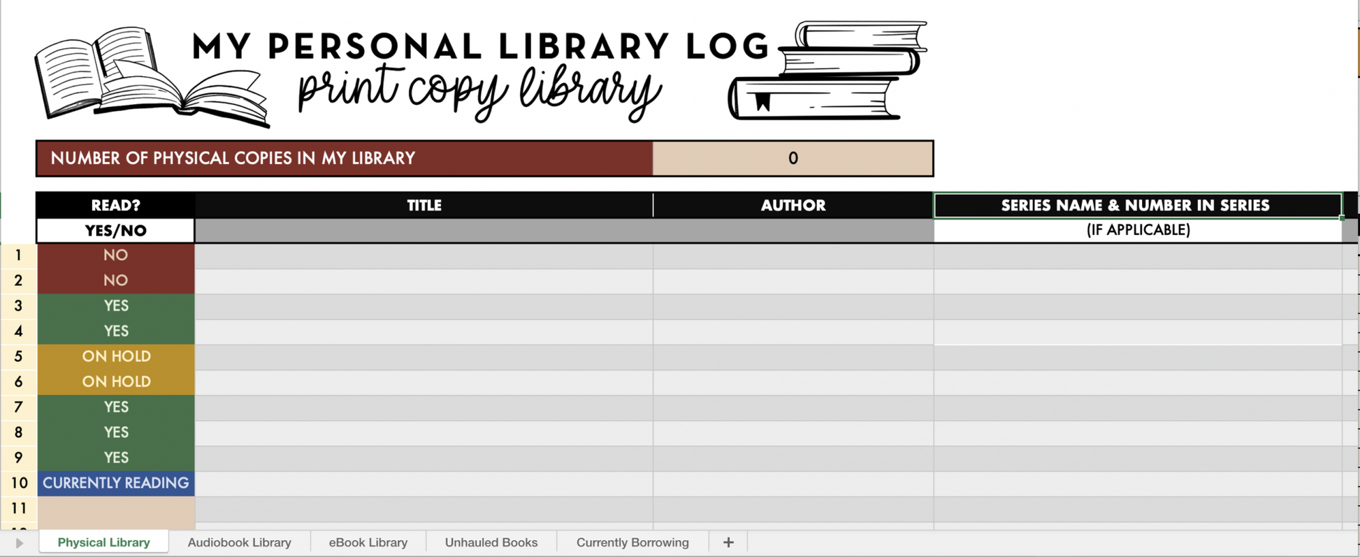 Personal Home Library Log spreadsheet - track your books – Novelly Yours