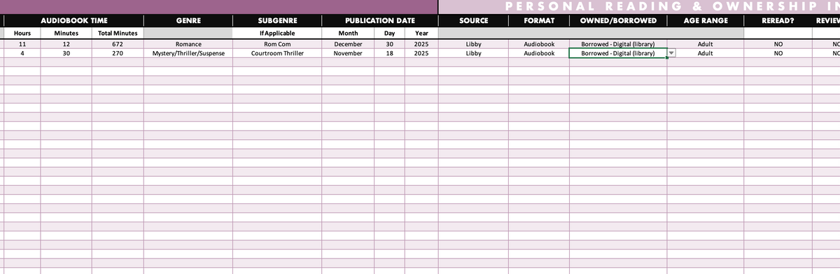 2027 Digital Reading Tracker Spreadsheet