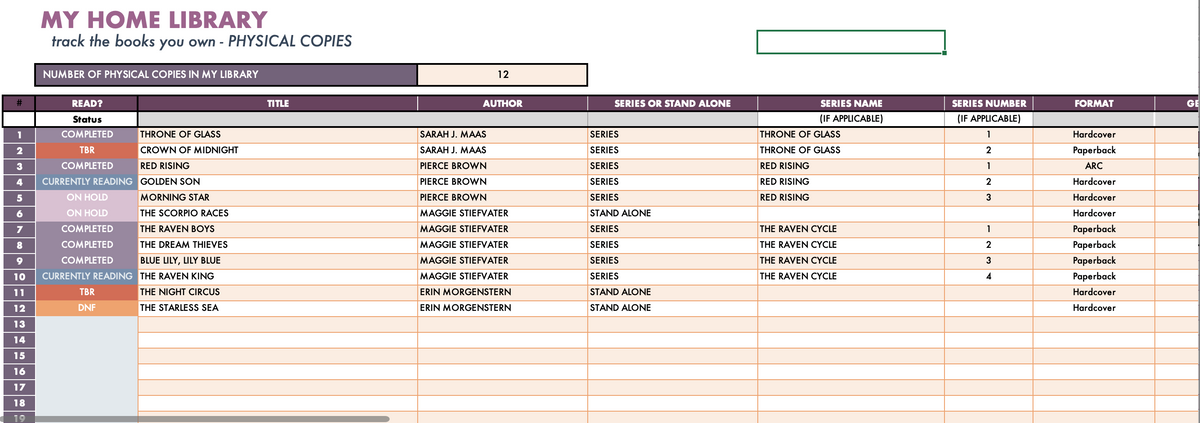 Home Library Log & Series Tracker Spreadsheet