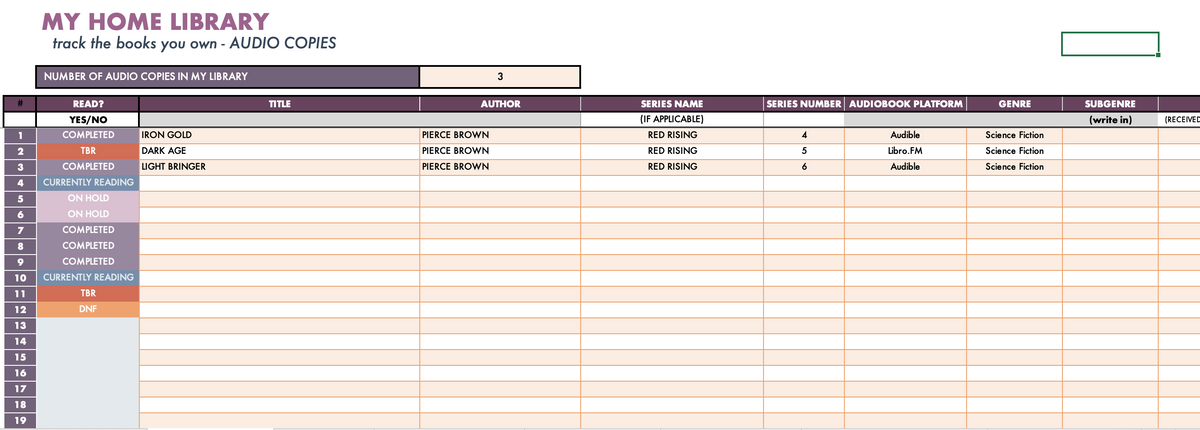 Home Library Log & Series Tracker Spreadsheet