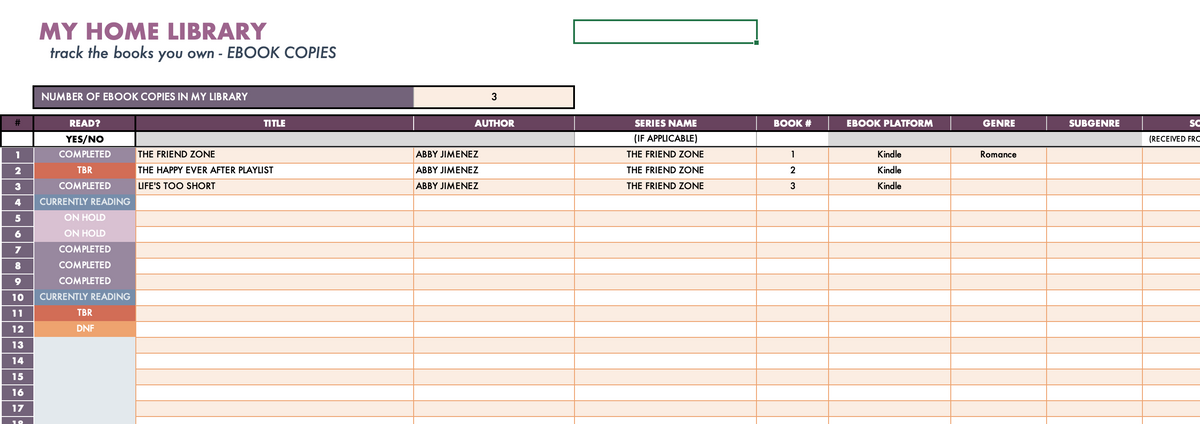 Home Library Log & Series Tracker Spreadsheet