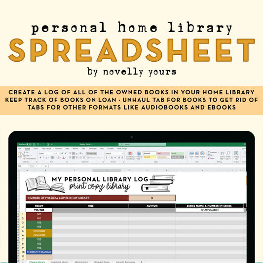 screen shot and display cover photo for the personal home library log spreadsheet, featuring a place to Digital catalog your owned books