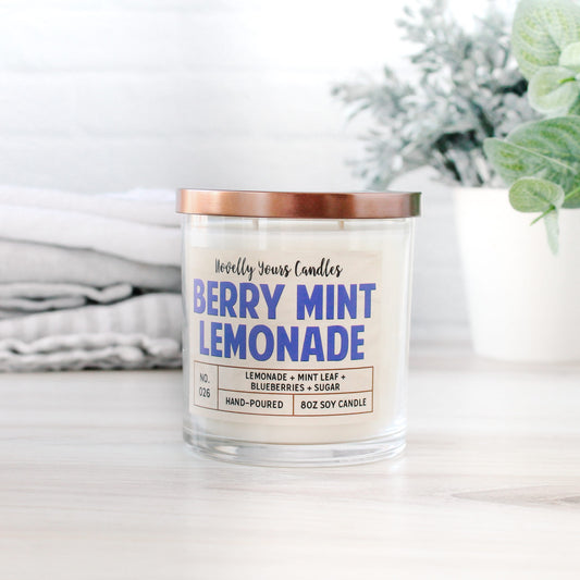 blueberry mint lemonade scented soy wax candle with double wicks in wide tumbler jar