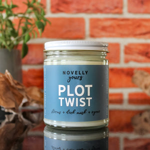 Book-themed candle labeled “Plot Twist”—makes a fun gift for book lovers or a simple way to add personality to your space.