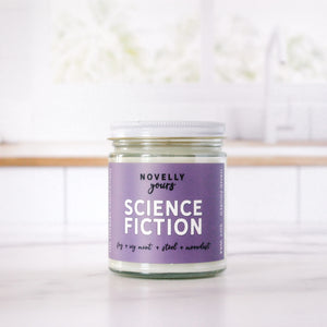 bookish candle labeled 