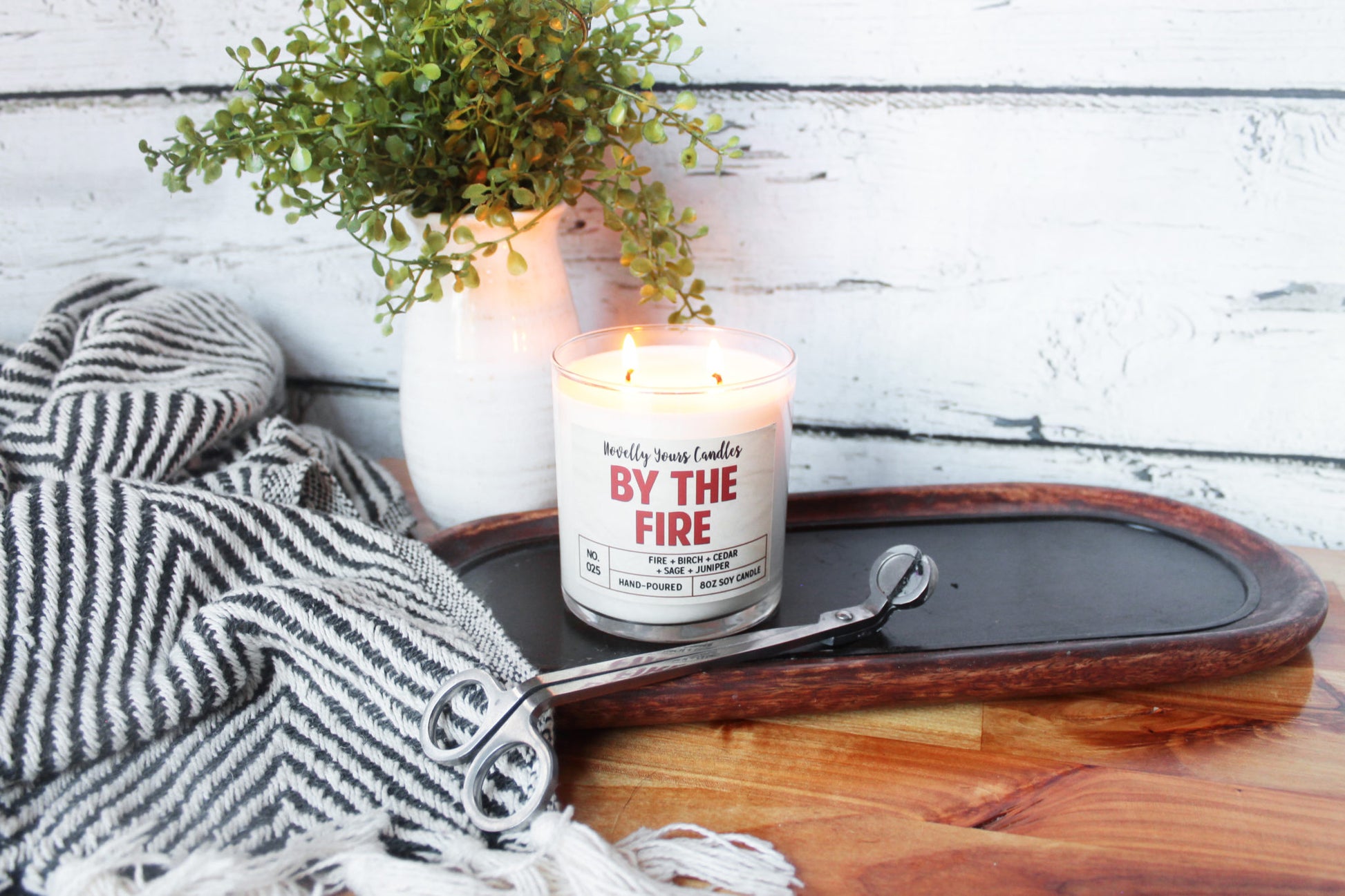 By the Fire · woodsy bonfire outdoor scented soy wax candle
