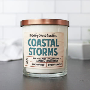 coastal storms soy wax scented candle in glass tumbler jar with bronze lid