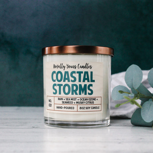 coastal storms ocean scented candle in clear glass tumbler jar with bronze lid and two cotton wicks made by novelly yours