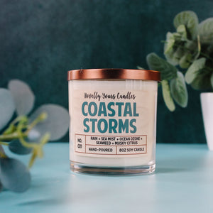 coastal storms ocean scented candle in clear glass tumbler jar with bronze lid and two cotton wicks made by novelly yours