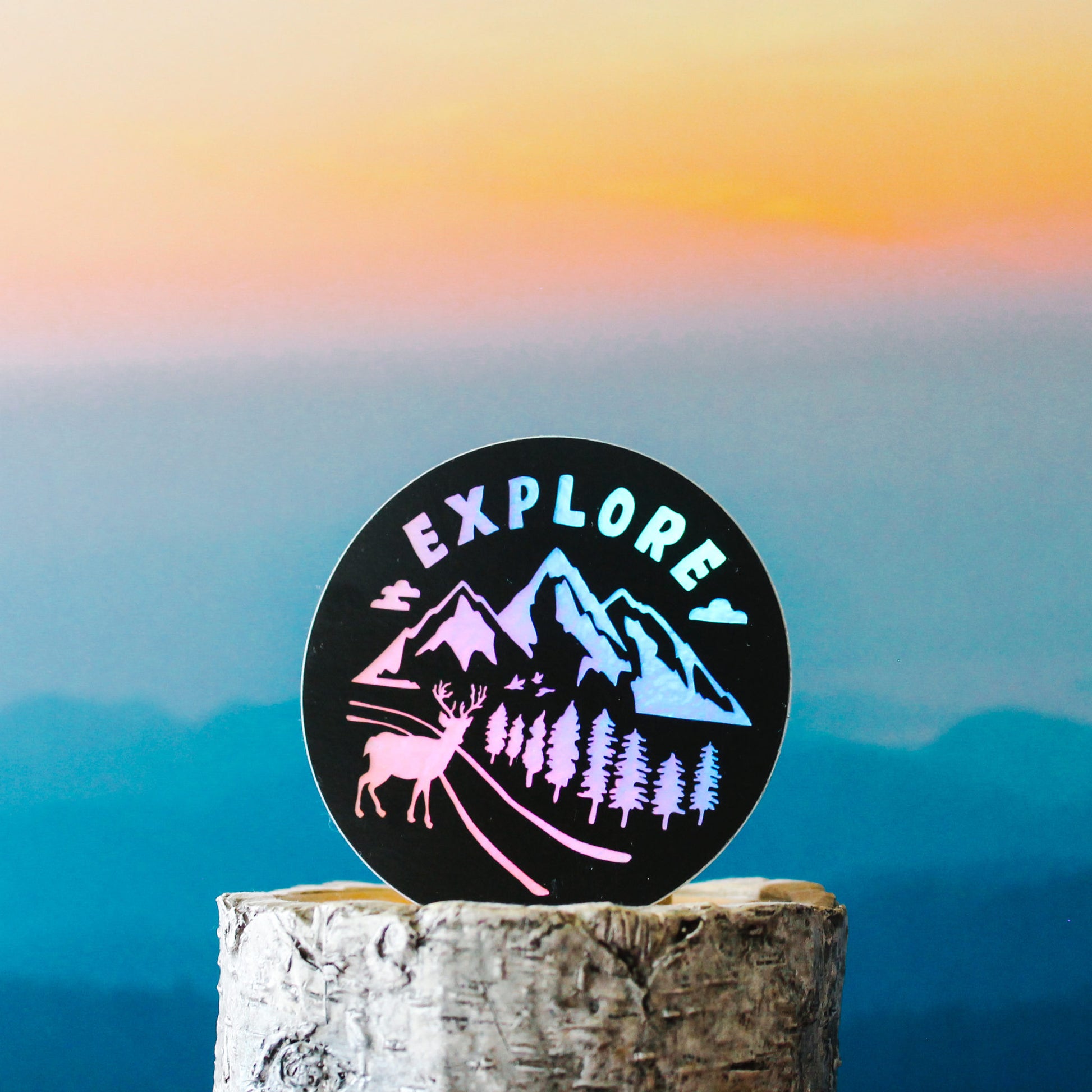 black and rainbow holographic sticker with outdoors and forest scenery with text "explore"