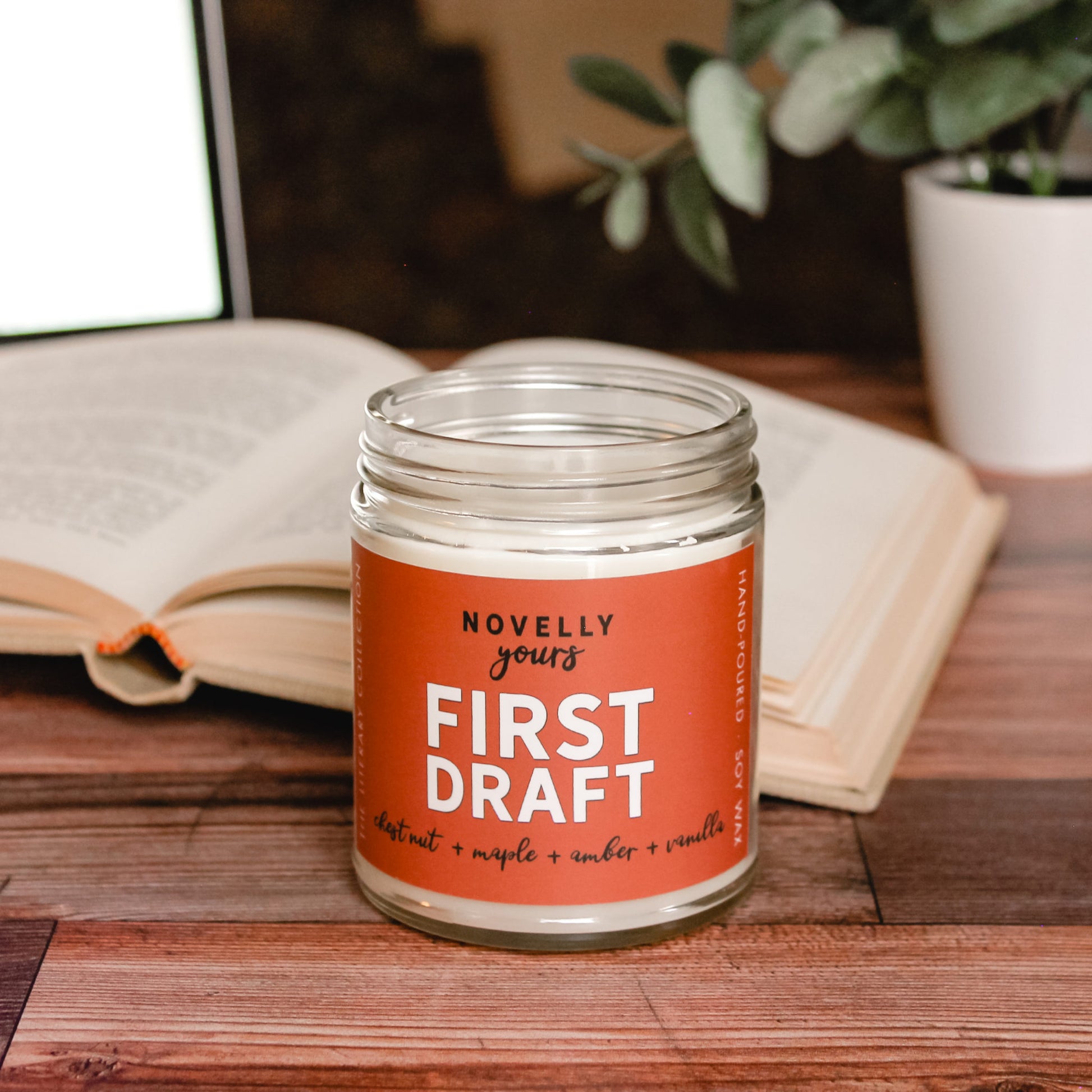 scented candle called First Draft with a bookish theme