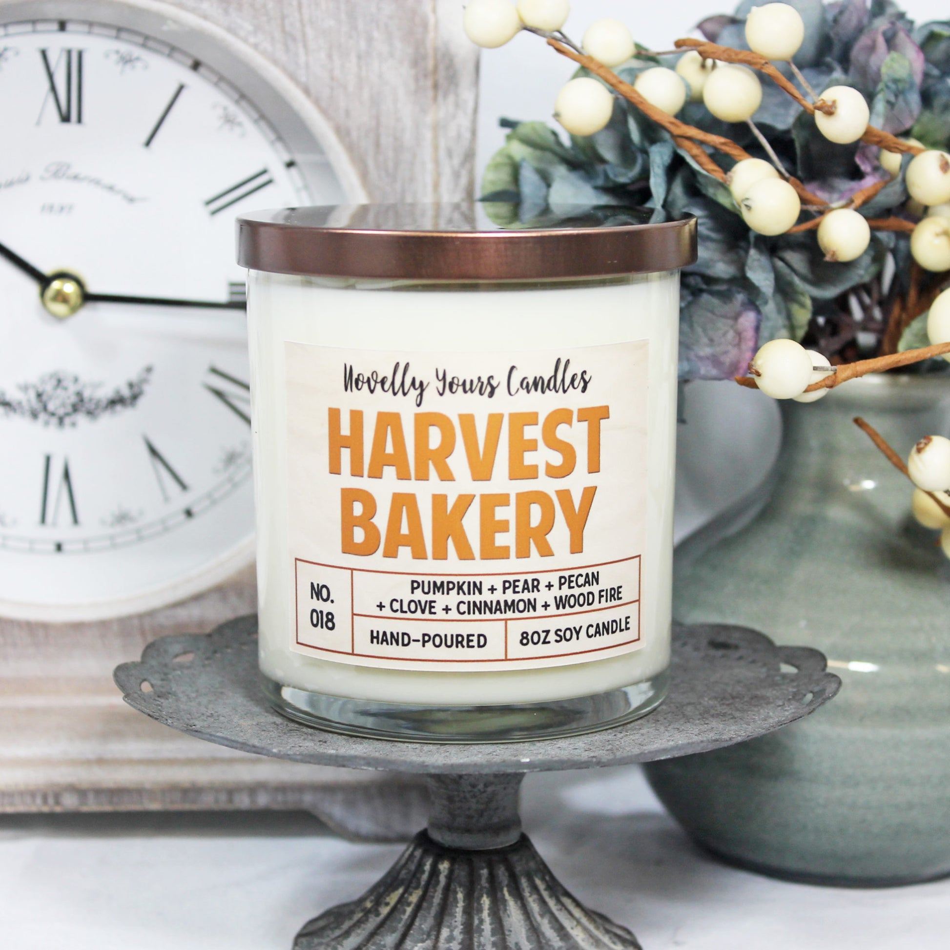 harvest bakery soy wax scented candle in glass tumbler jar with bronze lid