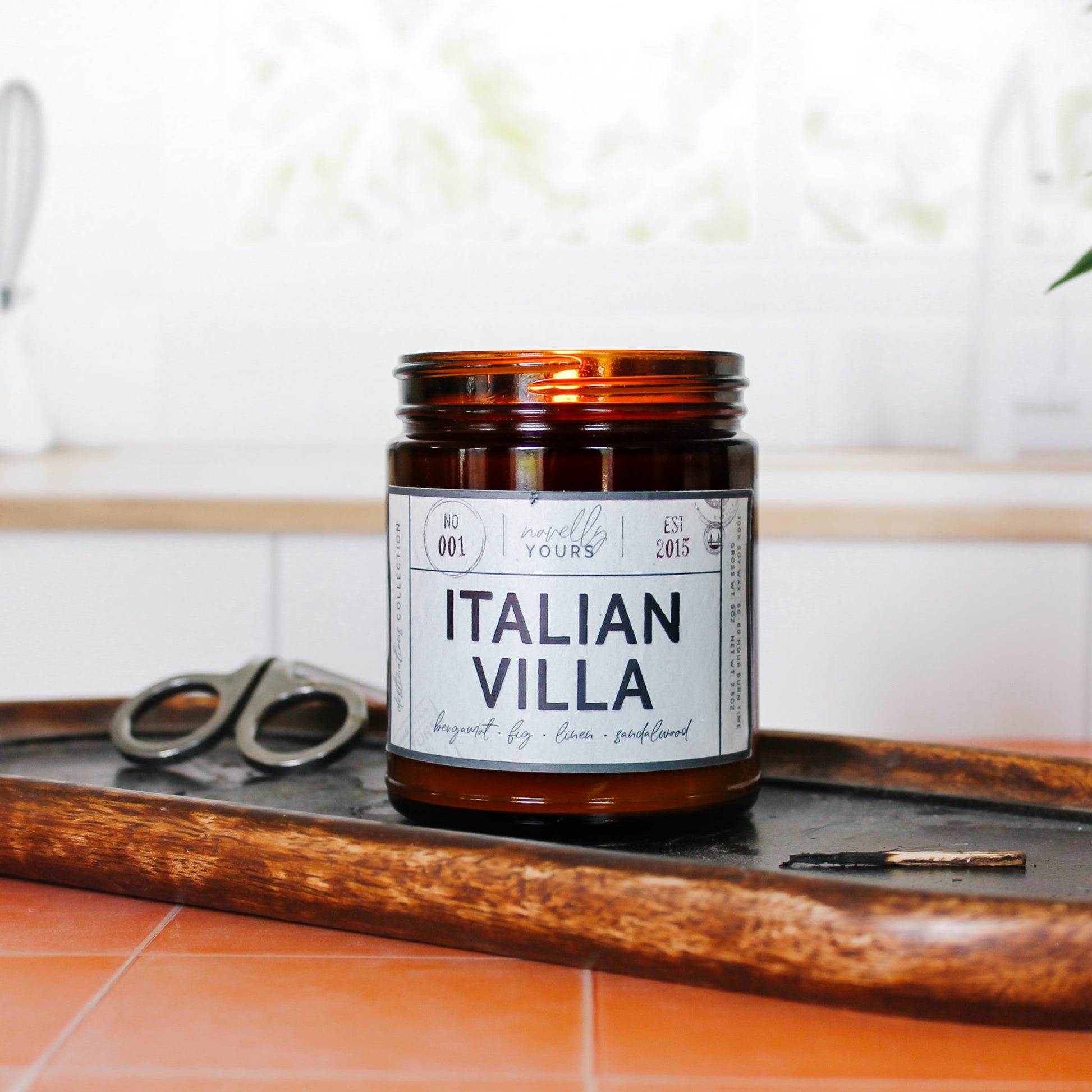Italian villa scented soy wax candle in glass amber jar with black lid by novelly yours