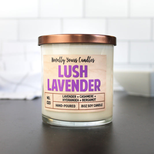 lush lavender scented soy wax candle in clear glass tumbler with bronze lid