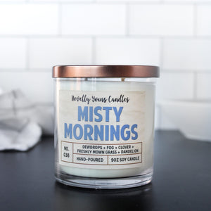 misty mornings scented soy wax candle in glass tumbler jar with bronze lid