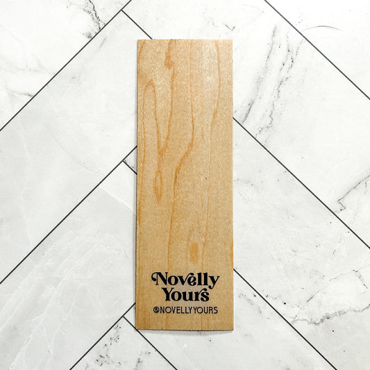 Novelly Yours wooden bookmark, back view with shop credit 