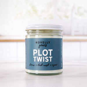 Book-themed candle labeled “Plot Twist”—makes a fun gift for book lovers or a simple way to add personality to your space.