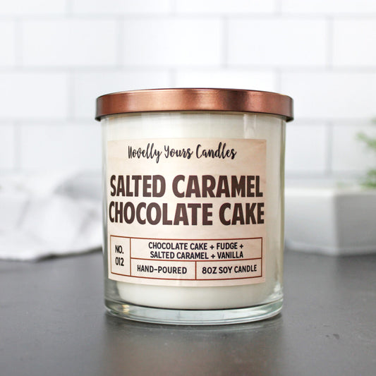 Salted Caramel Chocolate Cake scented soy wax candle in glass tumbler with bronze lid